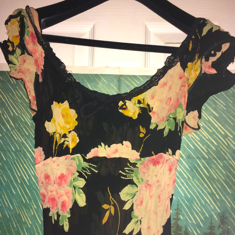 Vintage Betsey Johnson circa 1996 black floral chiffon dress size M ♠️💐🌷🌼
